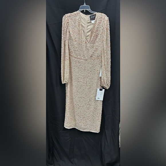 Mac Duggal 10764 NWT SEQUINED ILLUSION PUFF SLEEVE V NECK MIDI DRESS - Picture 4 of 6